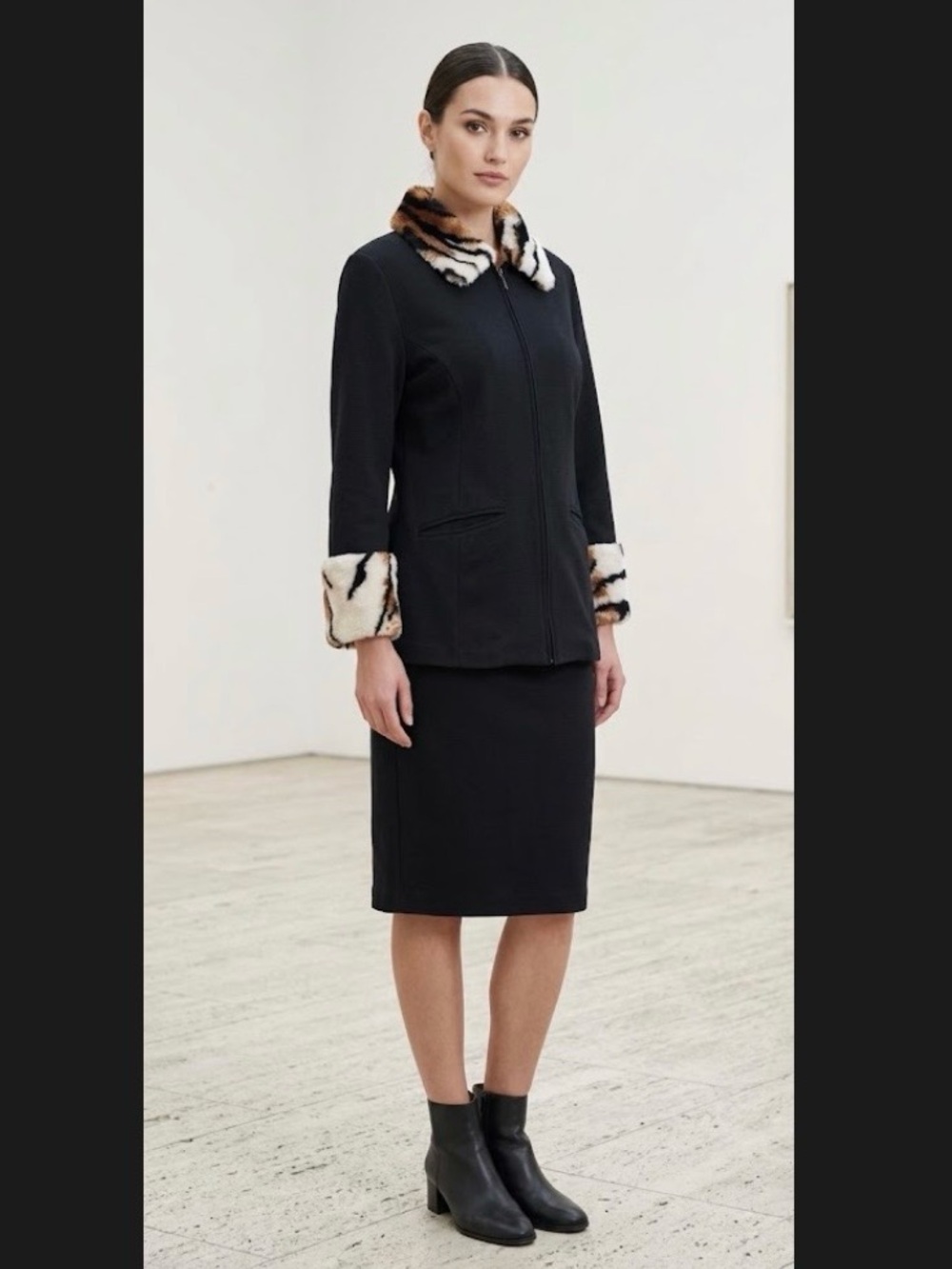 Vintage European Fashion, Faux Fur Jacket Blazer & Skirt Set